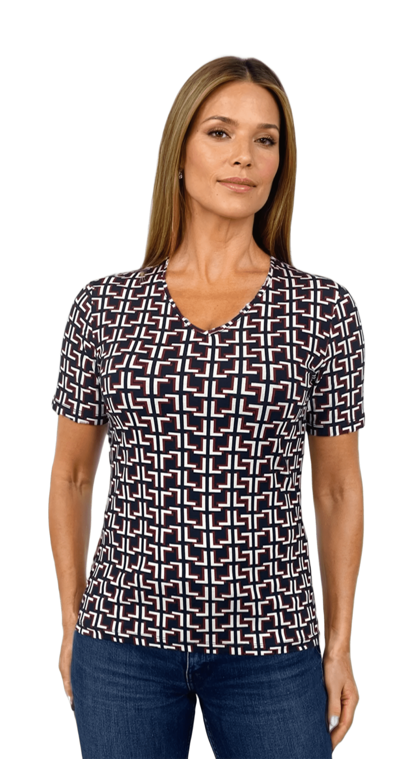 Damenbluse – kurzärmeliges T-Shirt mit spitzem Ausschnitt