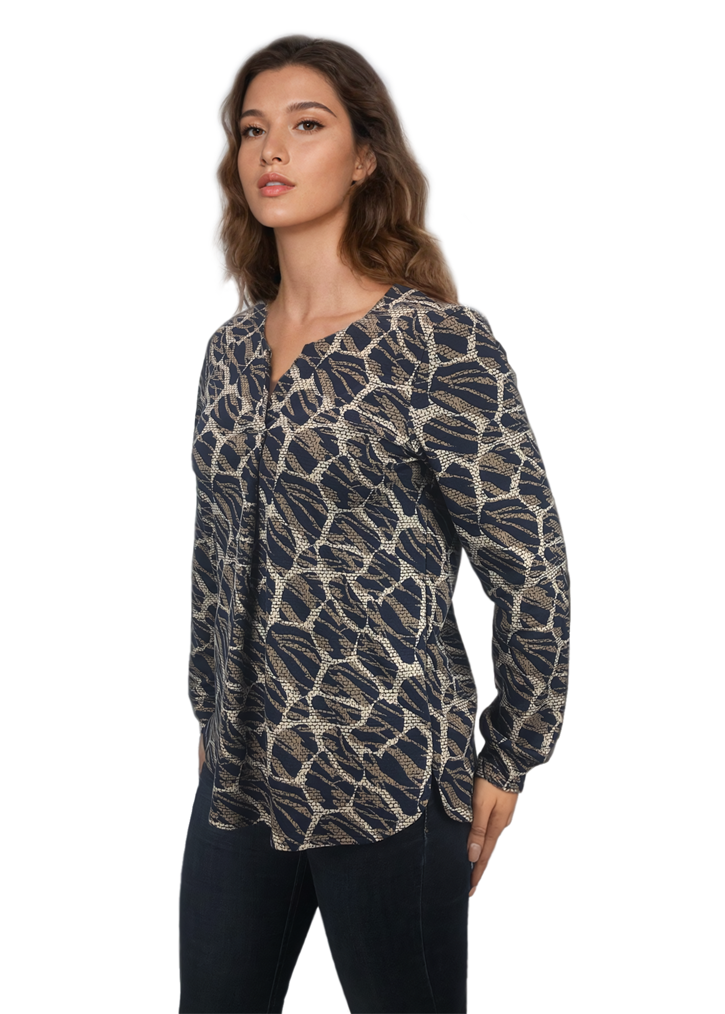 Дамска блуза-туника с дълъг ръкав остро деколте