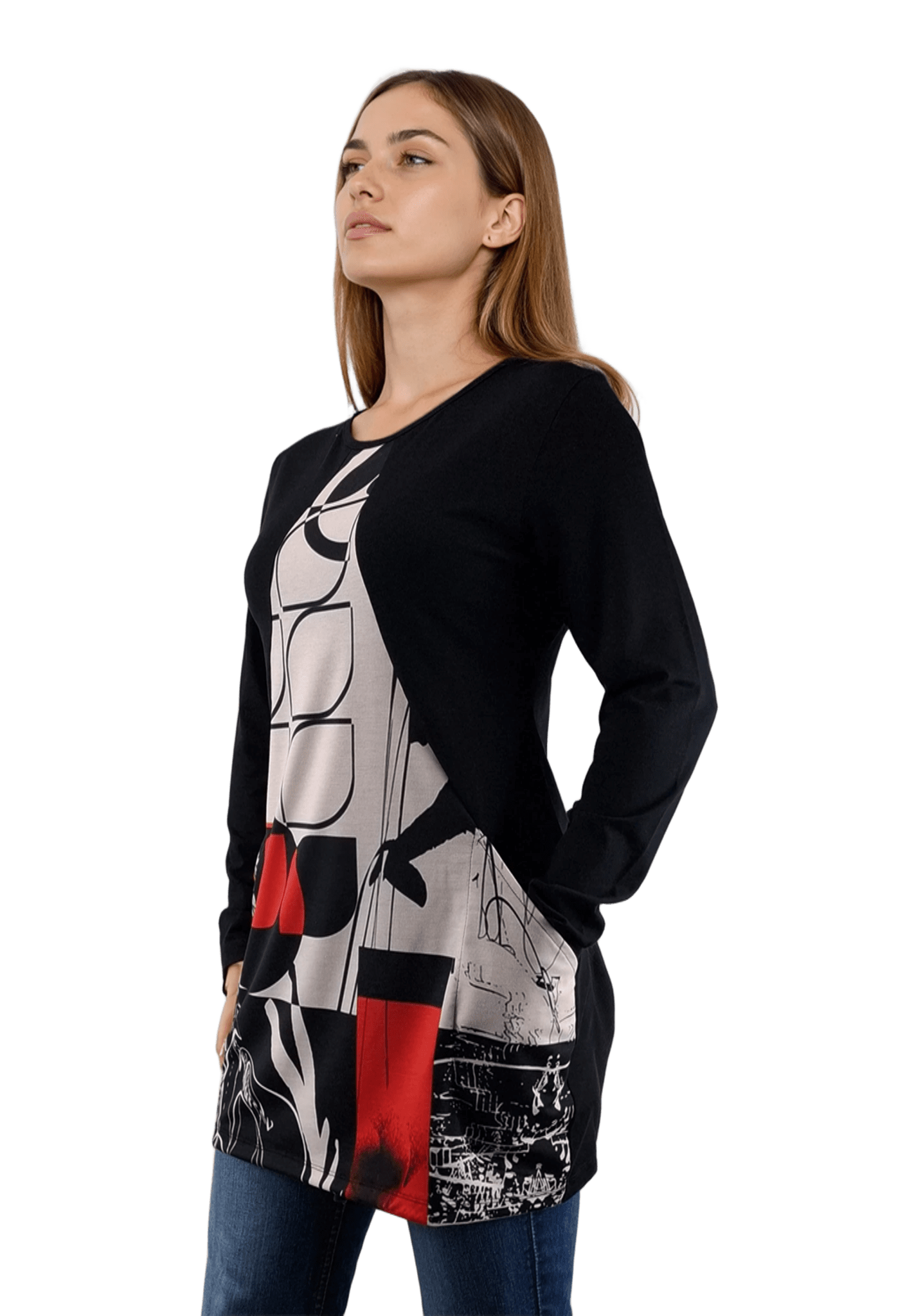 Дамска блуза-туника асиметрична с дълъг ръкав обло деколте