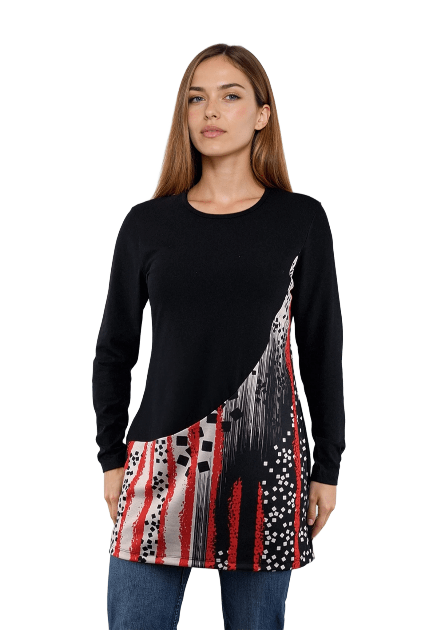 Дамска блуза-туника асиметрична с дълъг ръкав обло деколте