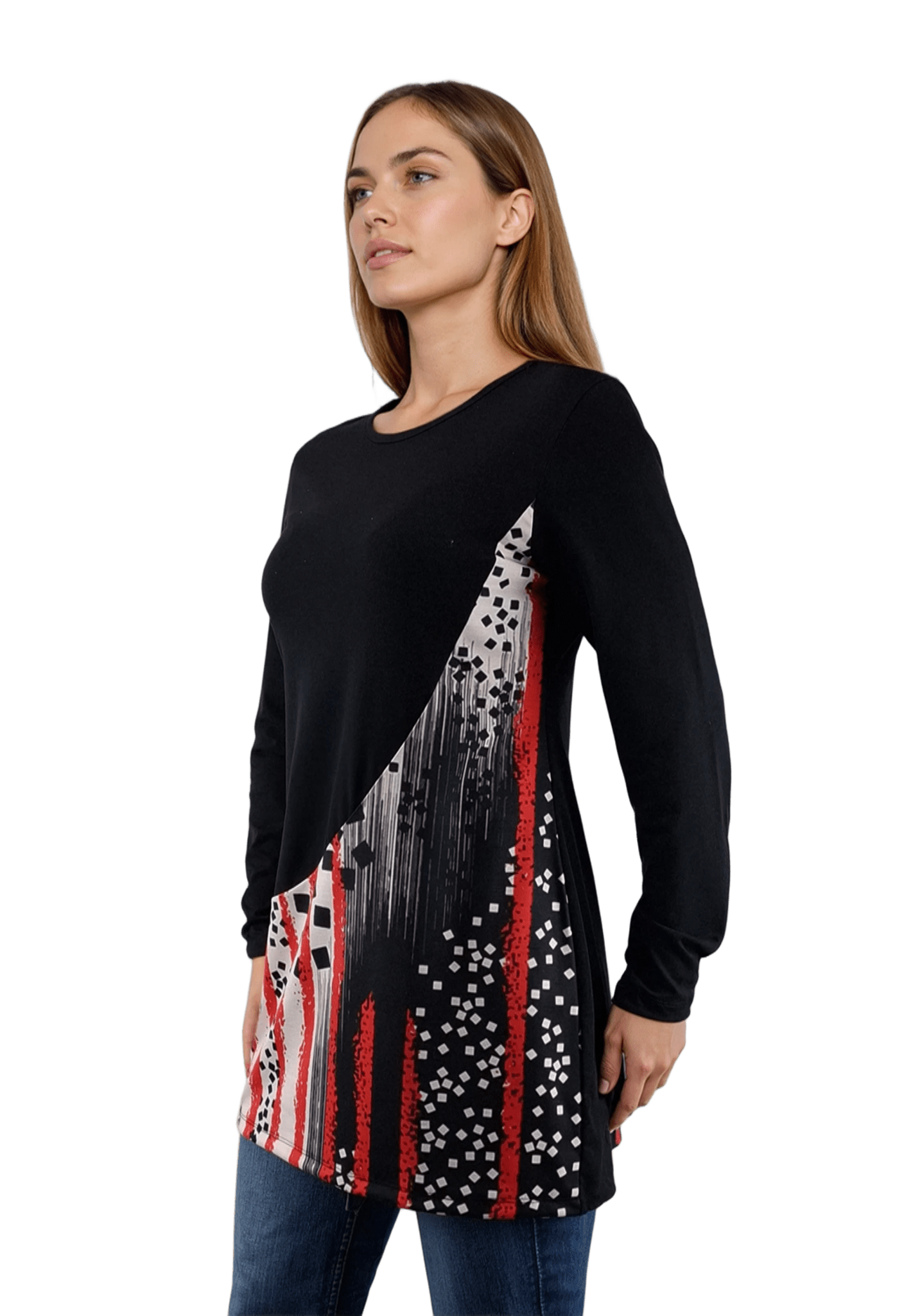 Дамска блуза-туника асиметрична с дълъг ръкав обло деколте