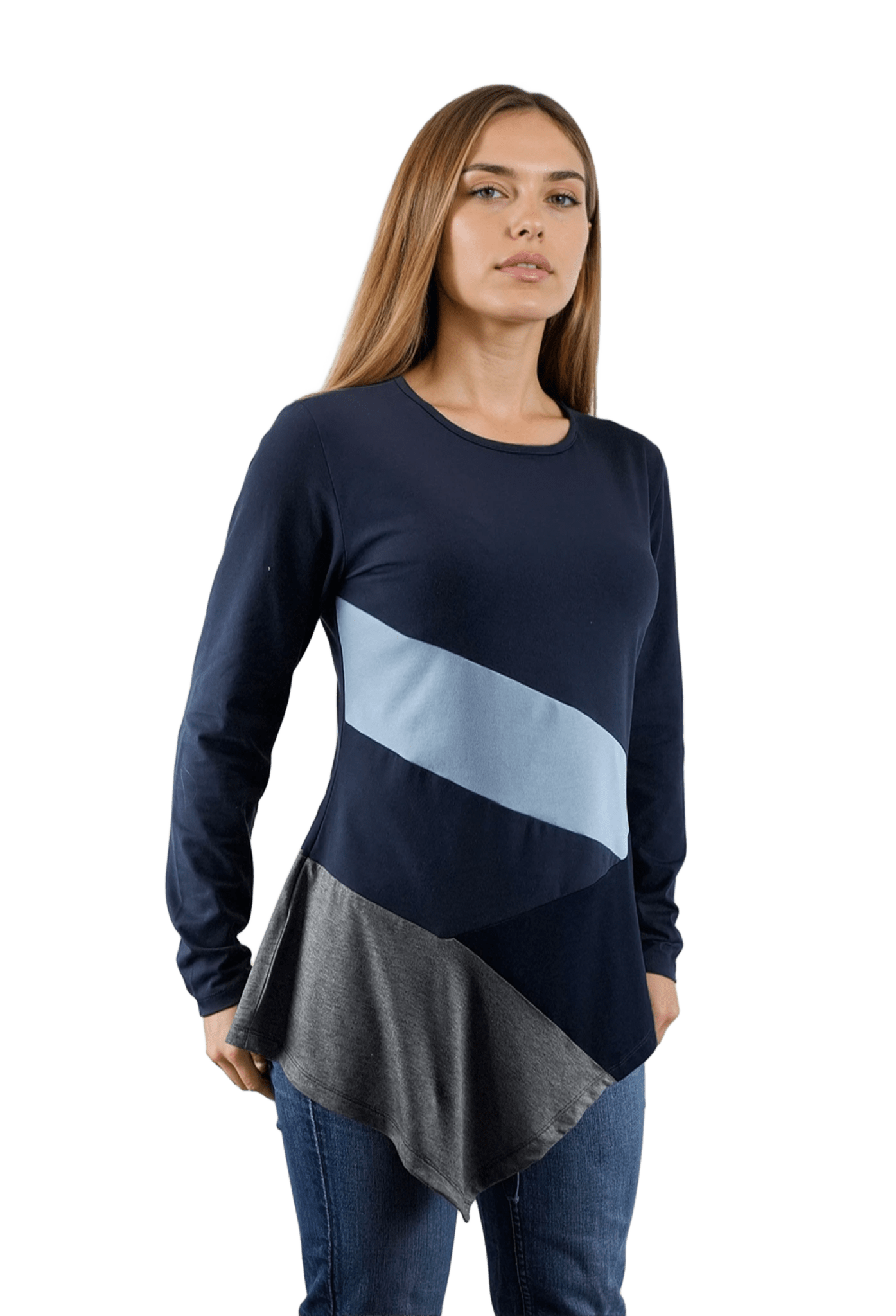 Дамска блуза-туника асиметрична с дълъг ръкав обло деколте